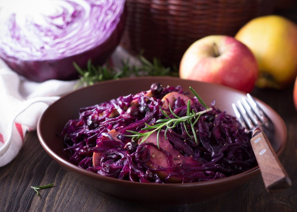 Warm Red Cabbage With Apple, Walnuts And Dried Cranberries